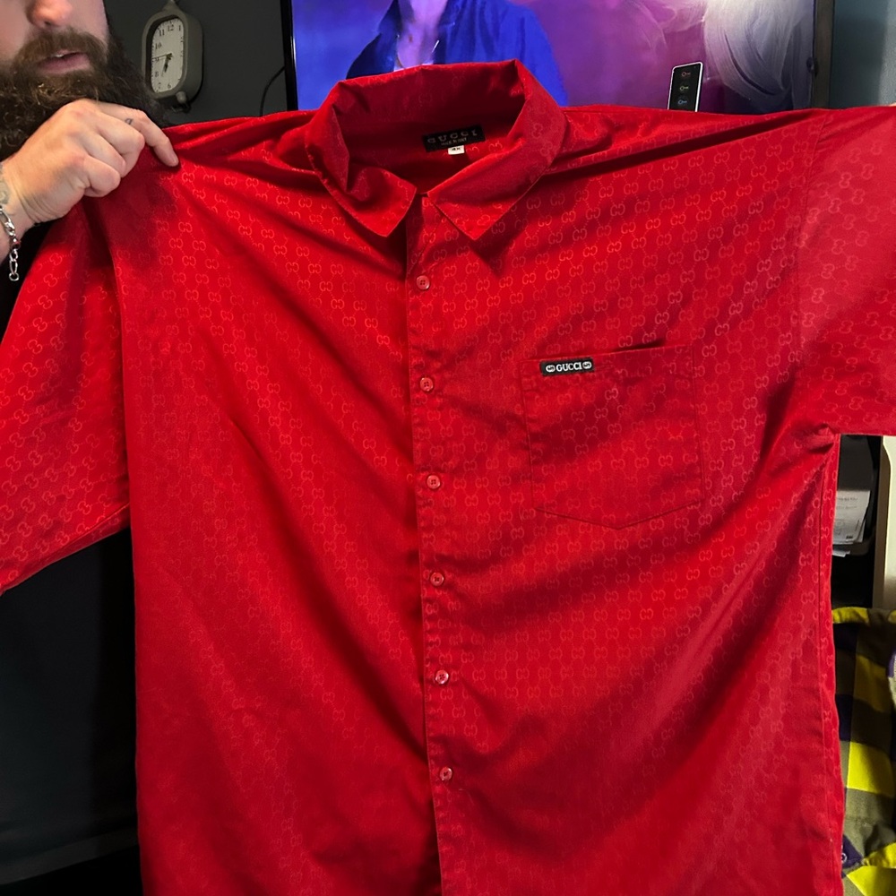 Gucci Red Casual Button Down Shirt with Textured Pattern